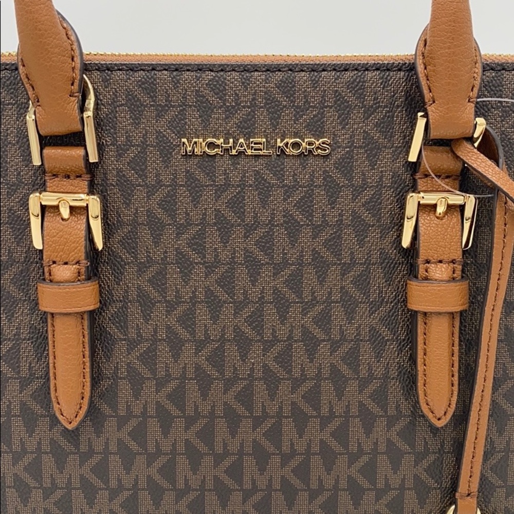 MICHAEL KORS CHARLOTTE LARGE SATCHEL BROWN MULTI - Picture 15 of 16